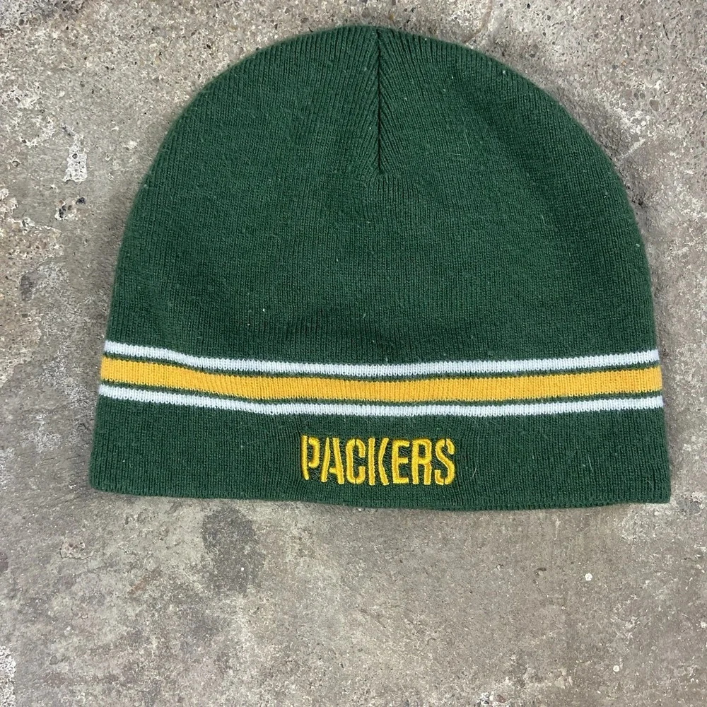 Vintage Green Bay Packers Knit Beanie Hat Green Yellow‎ NFL Embroidered Football